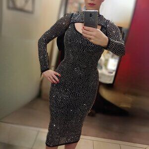 Banjul Black Rhinestone Beaded Long Sleeve Bodycon Midi Dress Medium Bling